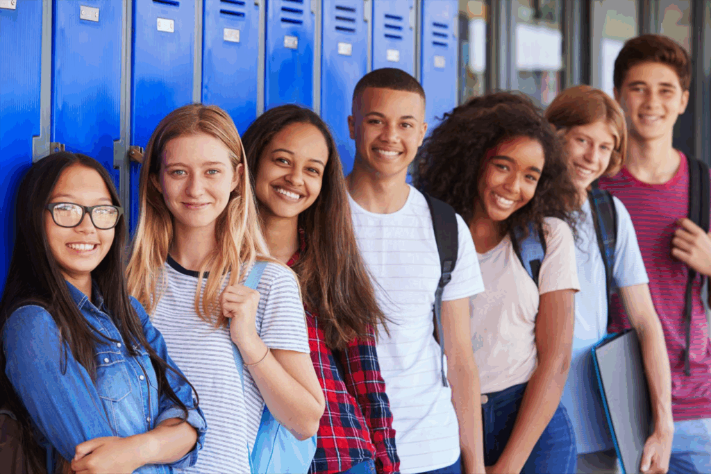 Organizing-My-Community-Cover Diverse dtudents standing in front of blue lockers