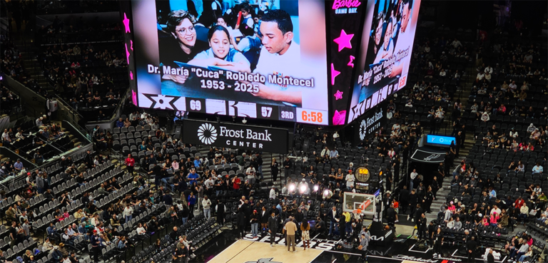 Jumbotron photo: Spurs Honor IDRA President Emerita Dr. María “Cuca” Robledo Montecel with Leaders and Legacies Award